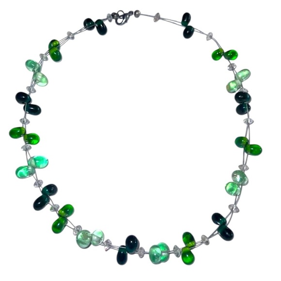 Estate Shades of Green Glass Drop Teardrop Bead Beaded illusion Necklace - Picture 1 of 7